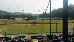 The field of play at Damaschke field during a game in 2018.