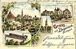 Old postcard with drawings of a steam locomotive and two carriages