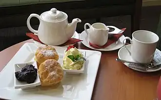 Cream tea: tea (c. 1660),[65] scones (Scots, 16th century),[66] clotted cream, raspberry jam (11th century)[67]