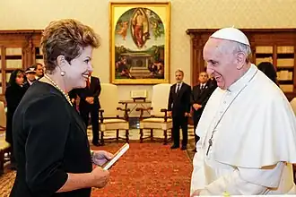 President Dilma Rousseff meeting recently elected Pope Francis in the Vatican; March 2013.