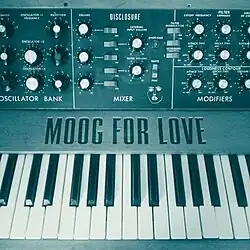 A blue-tinted picture of a Moog synthesizer, with the title "Moog for Love" displayed between the keyboard and the Moog parameters and oscillators
