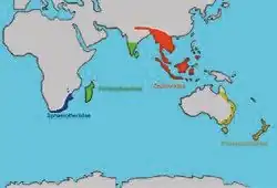 Map showing distribution of Sphaerotheriida in southern Africa, Madagascar, India, southeast Asia, Australia and New Zealand