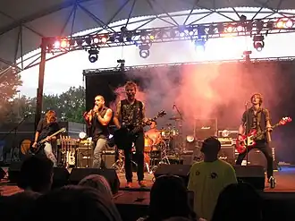Downstait performing in Fort Wayne, Indiana, in 2010. From left: Justin Call, Zack Call, Isaiah Zwick, Jethro McConnell, Sean Arata