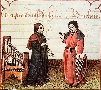Image 39Guillaume Du Fay (left), with Gilles Binchois (right) in a c. 1440 Illuminated manuscript copy of Martin le Franc's Le champion des dames (from History of music)
