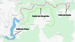 A map highlighting the locations of tourist sites along the Durolle River, including the Vallée des Usines, the Margeride Trail, and the Vallée des Rouets.