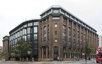 The north and east façades of Bracken House, from the north-east, looking southwest