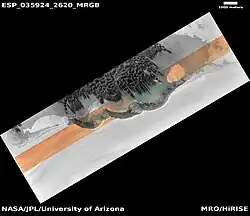 North Polar Scarp in Abalos Undae with Basal Exposure and Dunes map-projected in RGB colour and distance scale