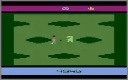 A horizontal rectangle video game screenshot that is a digital representation of a grass field with large holes. Two characters stand in the middle of the field.