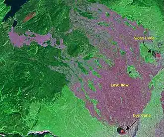 Overhead view of lava flows from two volcanic cones