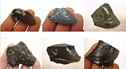 A group of six photos showing hand specimens of glassy volcanic rocks.
