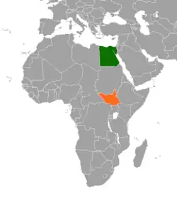 Map indicating locations of Egypt and South Sudan