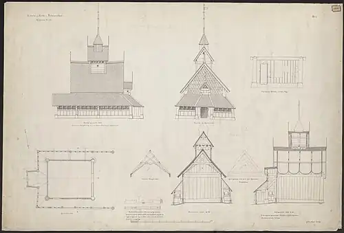 Ground plan, longitudinal section, cross section, elevation of the west façade and north façade, elevation of the south wall of the church.