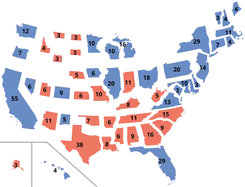 Results by state and the District of Columbia, scaled by number of electors per state
