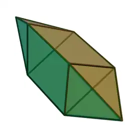 Elongated triangular bipyramid: a Johnson solid with six equilateral triangles and three squares. Obtained by attaching two regular tetrahedra onto the face of a triangular prism's bases.[4]