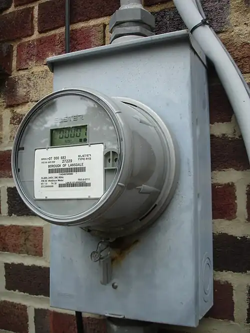 Newer retrofitted U.S. domestic digital electricity meter Elster REX[119] with 900 MHz[120] mesh network topology for automatic meter reading and "EnergyAxis" time-of-use metering[121][122][123]