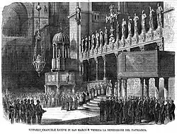 Victor Emmanuel II receives the blessing of the patriarch in St. Mark's Square