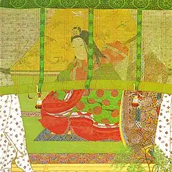 A colorful illustration of Empress Shōtoku kneeling in a luxurious interior