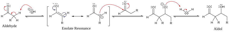 Simple mechanism for base-catalyzed aldol reaction of an aldehyde with itself