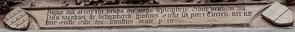 Epitaph for the Provost and Canon Jacob van Lichtenberg (1384–-1449), illegitimate father of Suster Bertken, in the Utrecht Domkerk, 2023. Click to enlarge.