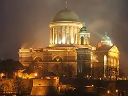Night view of the Esztergom Basilica (1822-1869) built by four architects, including János Packh and József Hild