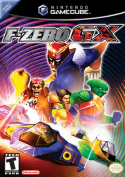 Four characters pose amid a colorful background. "F-Zero GX" appears in stylized capitals above them, and are seen driving their respective vehicles beneath them.