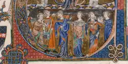 1310, England. Gorleston psalter, folio 107v. Instruments from left: castagnette, harp, singing, rebec, citole, psaltery, tambourine.
