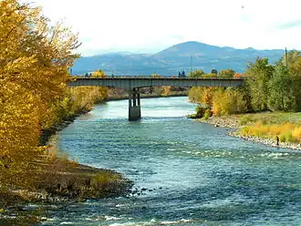 A midsized river flowing beneath a bridge through a yellow-leaved forest
