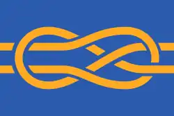 A blue flag depicting a knot tied in yellow.