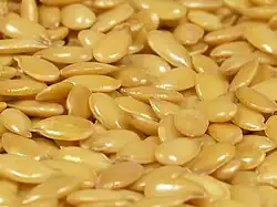 A close-up of glistening, golden flax seeds.