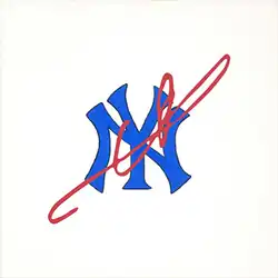 A red signature placed atop a blue New York Yankees logo