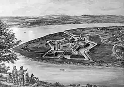 1776: The Block House is visible to the left of the fort's wall.