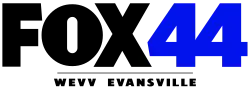 The Fox wordmark next to a blue 44 with a thin line and the words "W E V V Evansville" beneath.