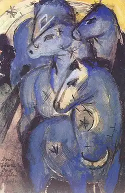 Tower of Blue Horses; by Franz Marc; 1912; ink and guache on card; 14.3 x 9.4 cm; Bavarian State Painting Collections (Munich, Germany)[260]