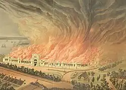 colour illustration from a newspaper of the Garden Palace building engulfed by a huge fire