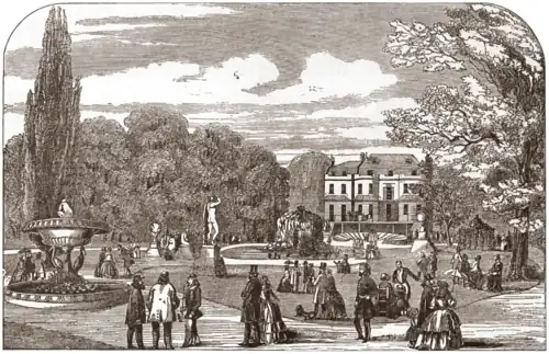 Exterior drawing of neo-classical house and gardens, with members of the public walking in it
