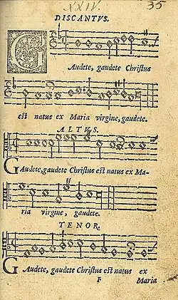 The first page of "Gaudete" (Latin for "rejoice"), a sacred Christmas carol published in Piae Cantiones (1582). This songbook had mostly religious songs, some which were mixed language with both Latin and Swedish.[a]