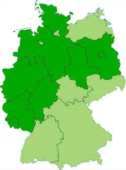 Map of the current states of Germany (in dark green) that are completely or mostly situated inside the old borders of Imperial Germany's Kingdom of Prussia