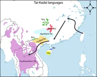 Tai-Kadai migration route according to Matthias Gerner's Northeast to Southwest Hypothesis.[17]