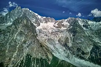 glacier flowing steeply downhill from Mont Blanc