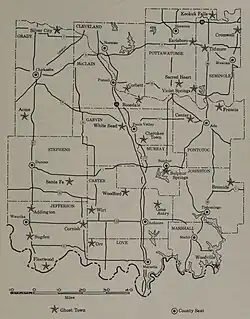 Map of ghost towns in South central Oklahoma