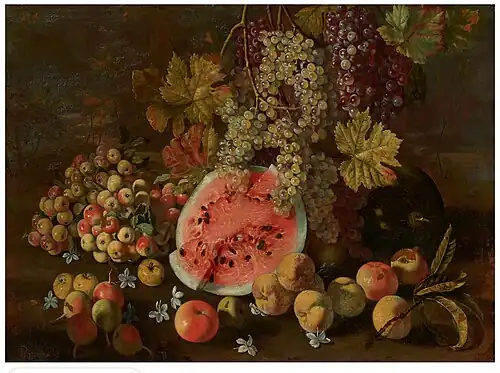 A watermelon apples pears and grapes