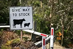 Image 22This Australian road sign uses the less common term "stock" for livestock. (from Livestock)