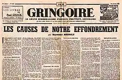 Sepia photograph of a double-page newspaper in small print, with "Gringoire" at the top