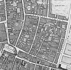 A hand-drawn colourless map shows a narrow network of streets and alleys. Each is named. The Church of St Giles is visible, as are parts of Moorfields to the east.
