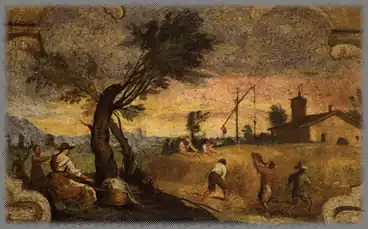Harvesting (1615–1617, fresco, transferred to canvas, 18 × 23.5 cm, Pinacoteca, Cento, Italy). One of the frescoes created (with the assistance of Lorenzo Gennari[4]) for Casa Pannini in Cento.[37]