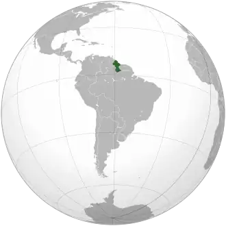 Location of Guyana (green) Location of South America in grey