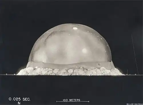 The Trinity explosion, 25 ms after detonation. The viewed fireball hemisphere's highest point in this image is about 200 metres (660 ft) high.