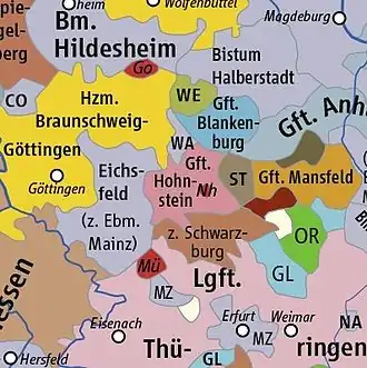Principality of Brunswick-Göttingen (yellow), c. 1400