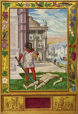 Sixth Parable: a tousled man holds a golden head, while the discombobulated body lies at his feet.