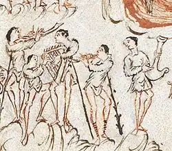 Image from Harley Psalter, 1000-1050 A.D. The English artist, copying Utrecht Psalter, drew harps with more detail; the art possibly showed development of the instrument, or else better knowledge of the artist.